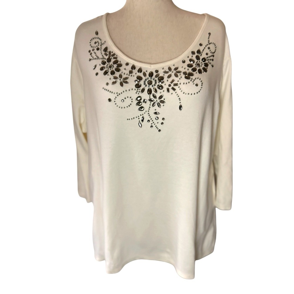 Quaker Factory Cotton Embellished Top Rhinestone Pull Over Stretch Comfort 2X